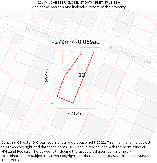 13, WINCHESTER CLOSE, STOWMARKET, IP14 1SH: Plot and title map