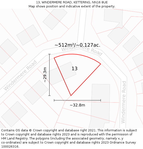 13, WINDERMERE ROAD, KETTERING, NN16 8UE: Plot and title map