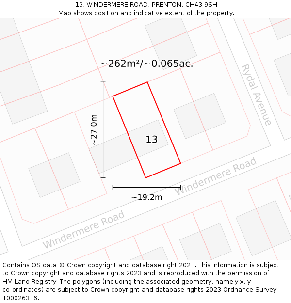 13, WINDERMERE ROAD, PRENTON, CH43 9SH: Plot and title map
