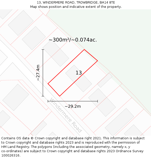 13, WINDERMERE ROAD, TROWBRIDGE, BA14 8TE: Plot and title map