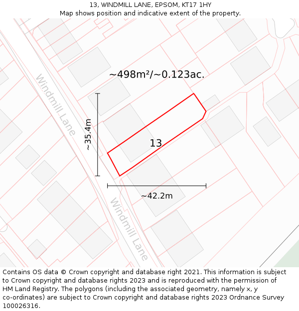 13, WINDMILL LANE, EPSOM, KT17 1HY: Plot and title map