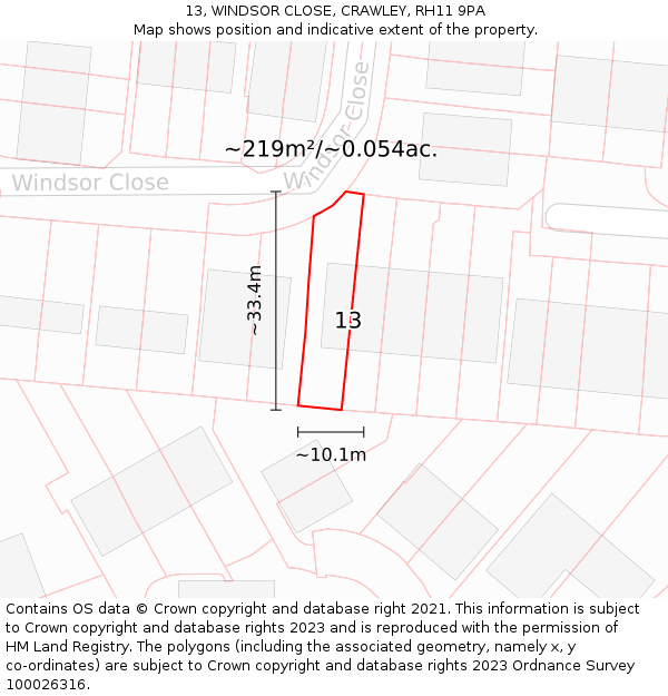 13, WINDSOR CLOSE, CRAWLEY, RH11 9PA: Plot and title map