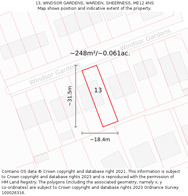 13, WINDSOR GARDENS, WARDEN, SHEERNESS, ME12 4NS: Plot and title map