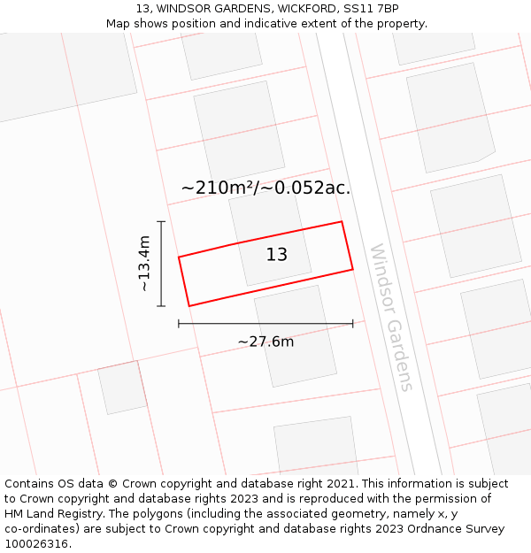 13, WINDSOR GARDENS, WICKFORD, SS11 7BP: Plot and title map