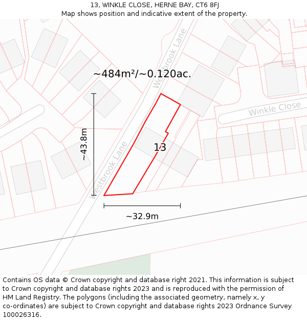 13, WINKLE CLOSE, HERNE BAY, CT6 8FJ: Plot and title map