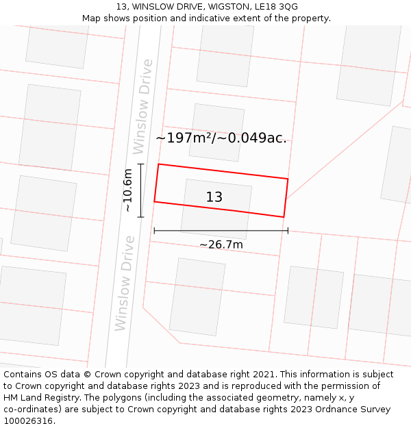13, WINSLOW DRIVE, WIGSTON, LE18 3QG: Plot and title map
