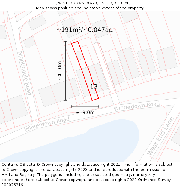 13, WINTERDOWN ROAD, ESHER, KT10 8LJ: Plot and title map