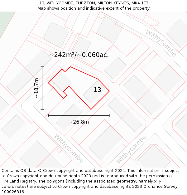 13, WITHYCOMBE, FURZTON, MILTON KEYNES, MK4 1ET: Plot and title map