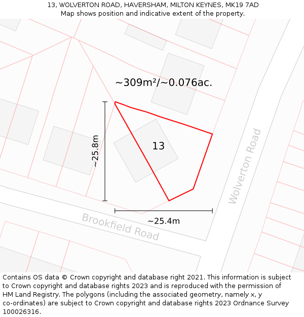 13, WOLVERTON ROAD, HAVERSHAM, MILTON KEYNES, MK19 7AD: Plot and title map