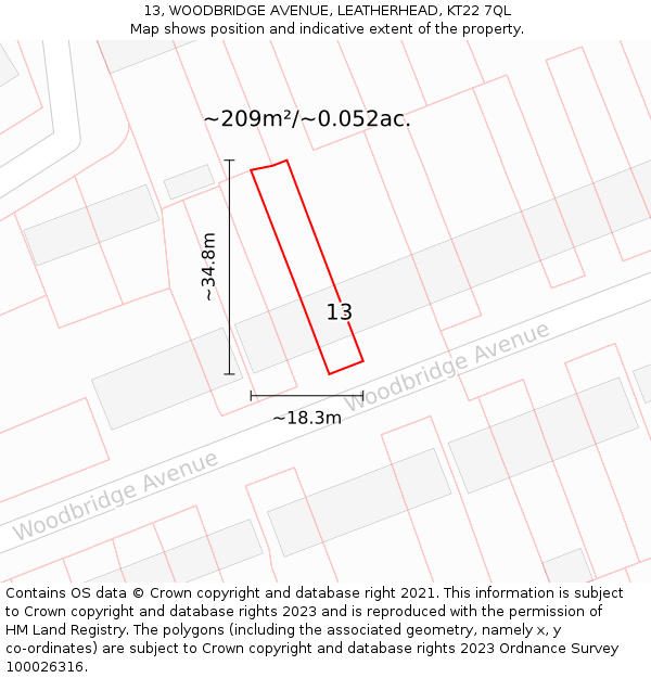 13, WOODBRIDGE AVENUE, LEATHERHEAD, KT22 7QL: Plot and title map