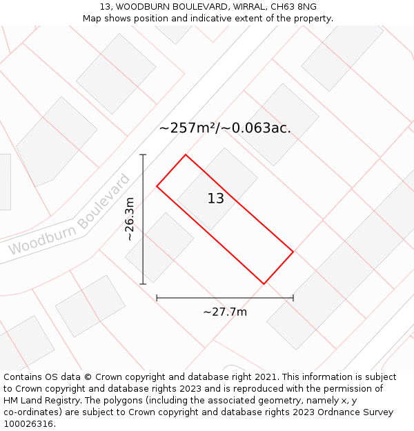 13, WOODBURN BOULEVARD, WIRRAL, CH63 8NG: Plot and title map