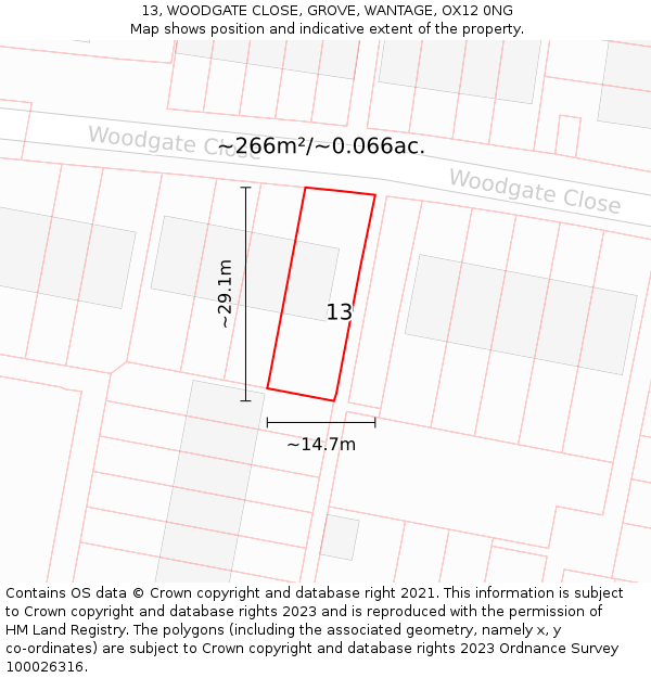 13, WOODGATE CLOSE, GROVE, WANTAGE, OX12 0NG: Plot and title map