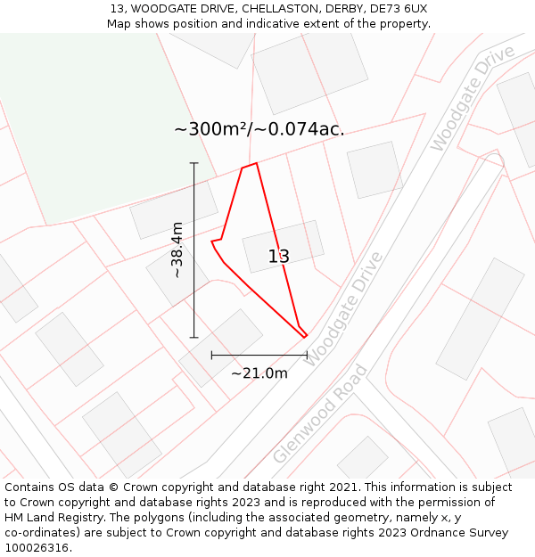 13, WOODGATE DRIVE, CHELLASTON, DERBY, DE73 6UX: Plot and title map