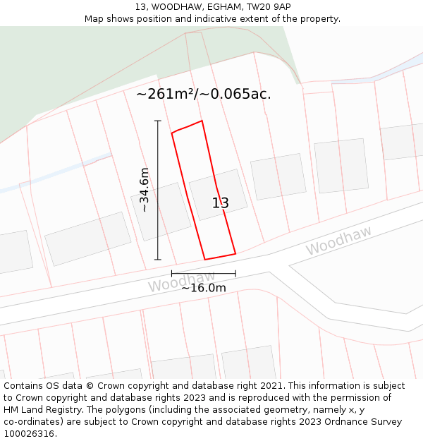 13, WOODHAW, EGHAM, TW20 9AP: Plot and title map