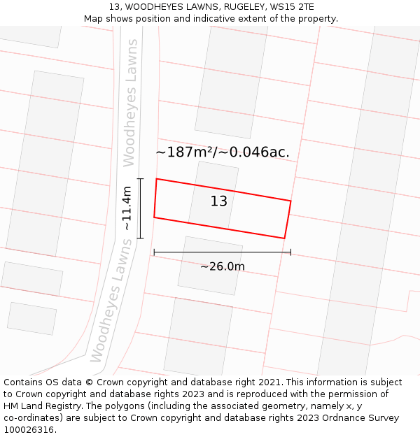 13, WOODHEYES LAWNS, RUGELEY, WS15 2TE: Plot and title map