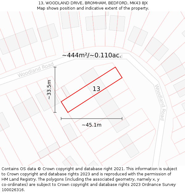 13, WOODLAND DRIVE, BROMHAM, BEDFORD, MK43 8JX: Plot and title map