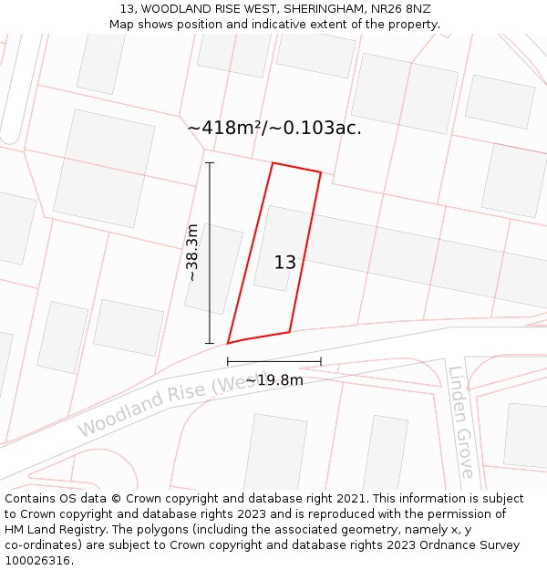 13, WOODLAND RISE WEST, SHERINGHAM, NR26 8NZ: Plot and title map