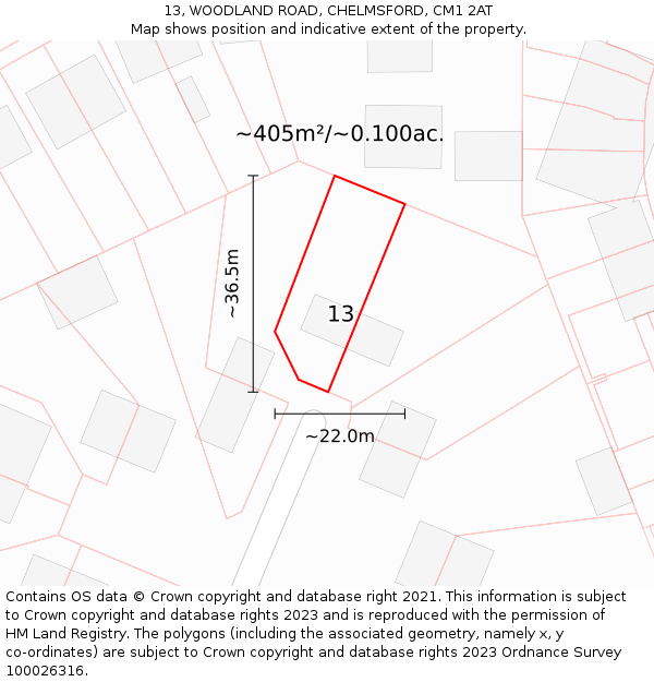 13, WOODLAND ROAD, CHELMSFORD, CM1 2AT: Plot and title map