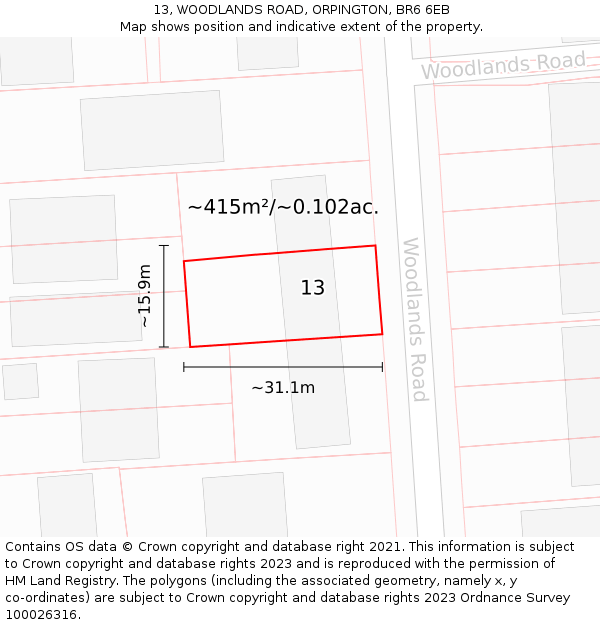 13, WOODLANDS ROAD, ORPINGTON, BR6 6EB: Plot and title map