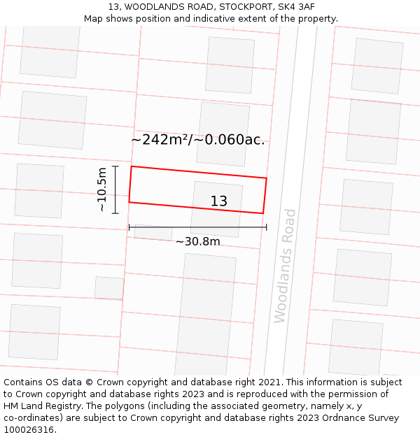 13, WOODLANDS ROAD, STOCKPORT, SK4 3AF: Plot and title map