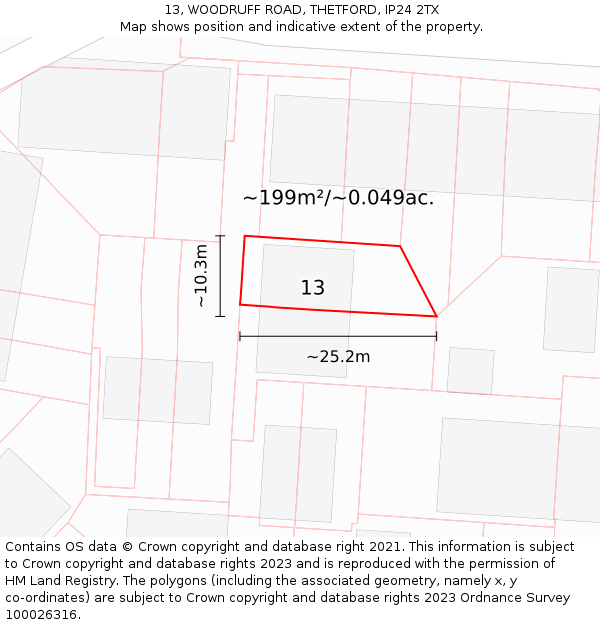 13, WOODRUFF ROAD, THETFORD, IP24 2TX: Plot and title map