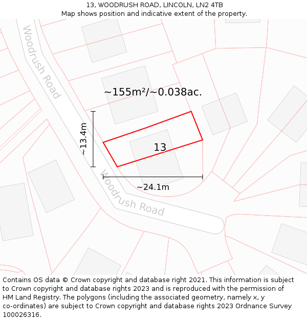 13, WOODRUSH ROAD, LINCOLN, LN2 4TB: Plot and title map