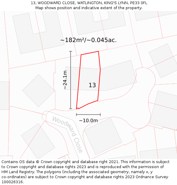 13, WOODWARD CLOSE, WATLINGTON, KING'S LYNN, PE33 0FL: Plot and title map