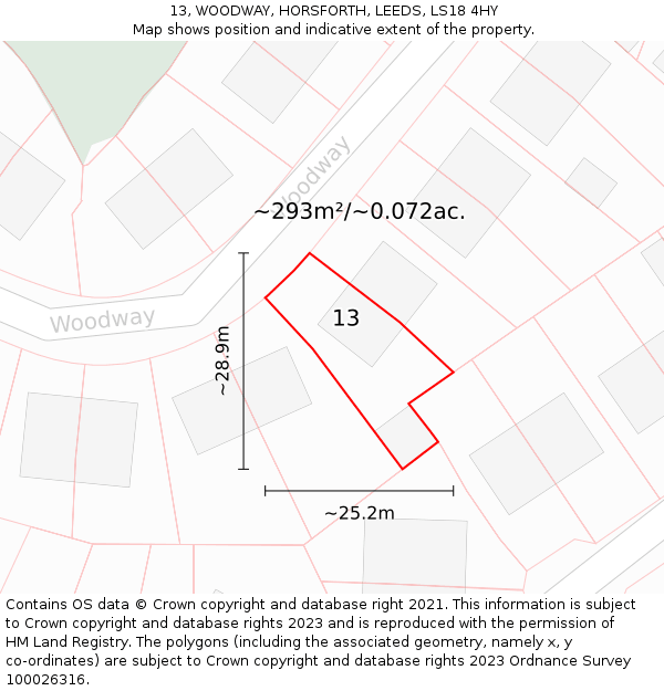 13, WOODWAY, HORSFORTH, LEEDS, LS18 4HY: Plot and title map