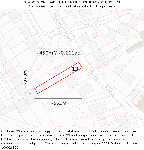 13, WOOLSTON ROAD, NETLEY ABBEY, SOUTHAMPTON, SO31 5FR: Plot and title map