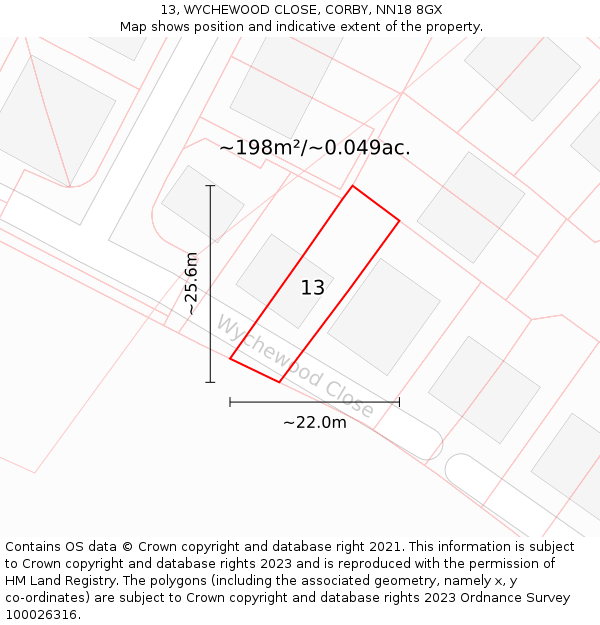 13, WYCHEWOOD CLOSE, CORBY, NN18 8GX: Plot and title map
