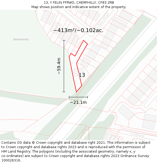 13, Y FELIN FFRWD, CAERPHILLY, CF83 2RB: Plot and title map