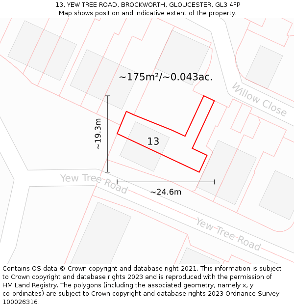 13, YEW TREE ROAD, BROCKWORTH, GLOUCESTER, GL3 4FP: Plot and title map