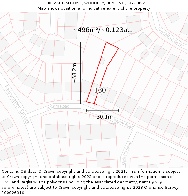 130, ANTRIM ROAD, WOODLEY, READING, RG5 3NZ: Plot and title map