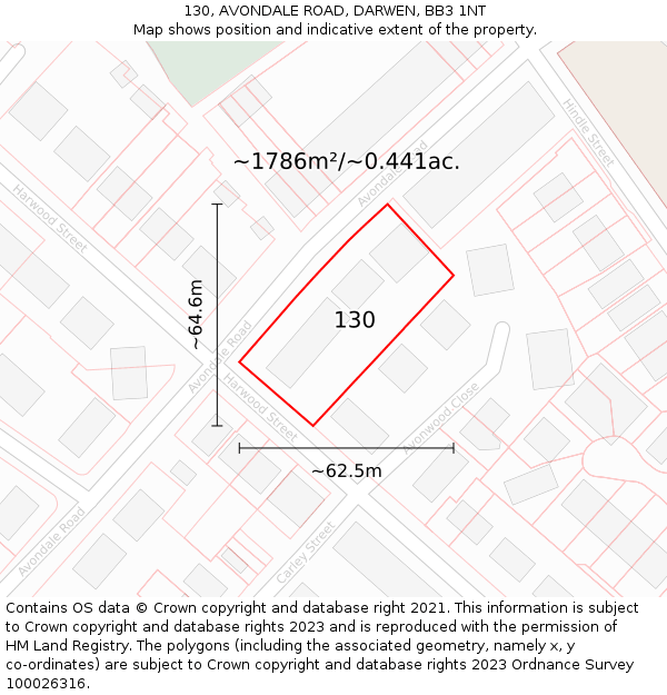 130, AVONDALE ROAD, DARWEN, BB3 1NT: Plot and title map
