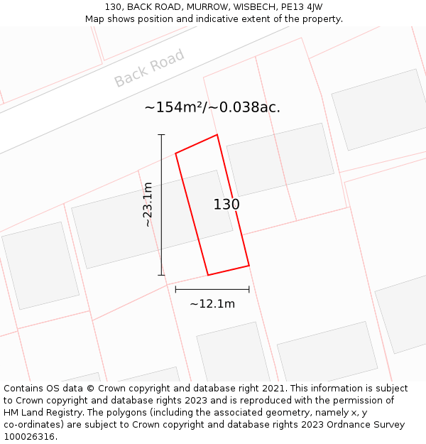 130, BACK ROAD, MURROW, WISBECH, PE13 4JW: Plot and title map