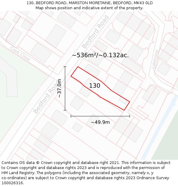 130, BEDFORD ROAD, MARSTON MORETAINE, BEDFORD, MK43 0LD: Plot and title map