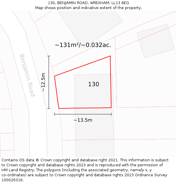 130, BENJAMIN ROAD, WREXHAM, LL13 8EG: Plot and title map