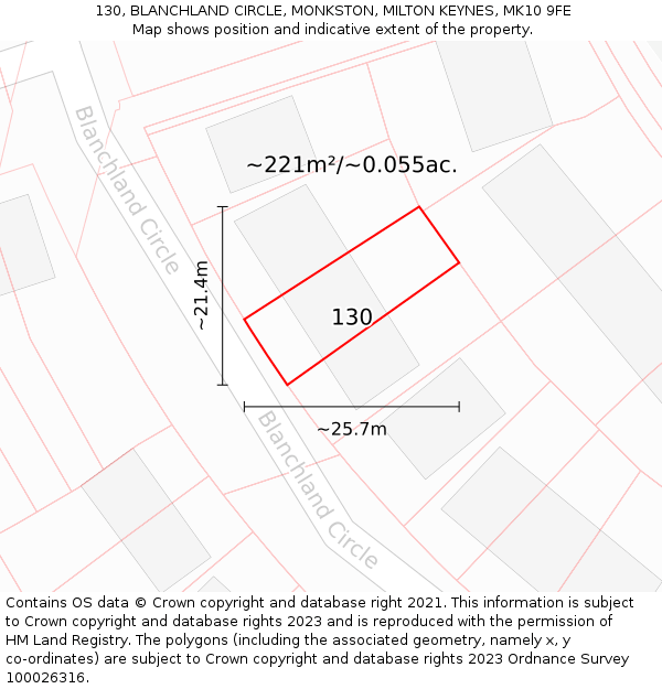 130, BLANCHLAND CIRCLE, MONKSTON, MILTON KEYNES, MK10 9FE: Plot and title map