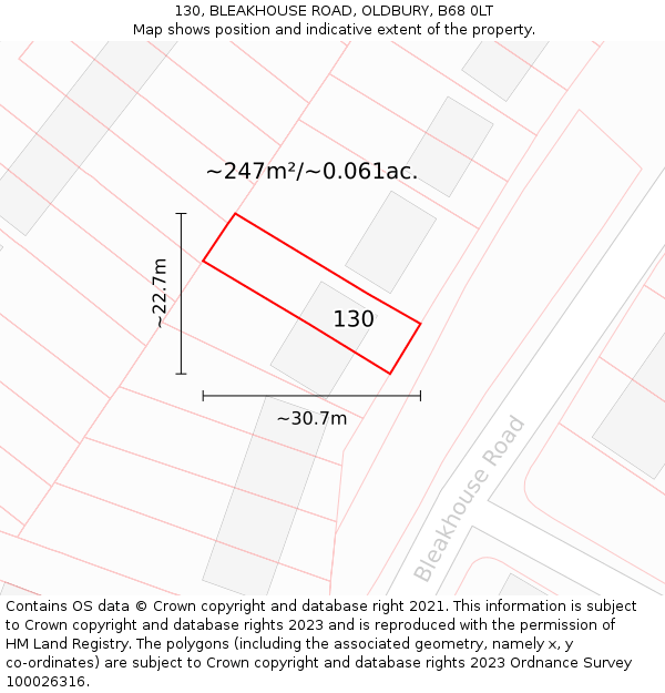 130, BLEAKHOUSE ROAD, OLDBURY, B68 0LT: Plot and title map