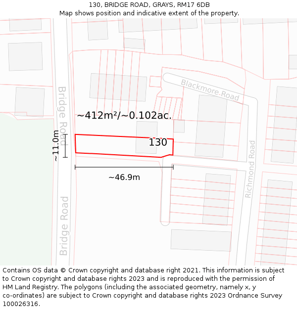 130, BRIDGE ROAD, GRAYS, RM17 6DB: Plot and title map