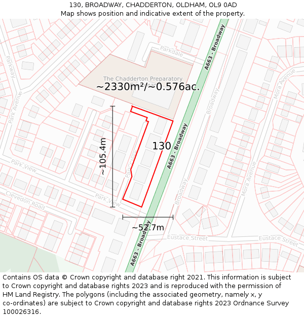 130, BROADWAY, CHADDERTON, OLDHAM, OL9 0AD: Plot and title map