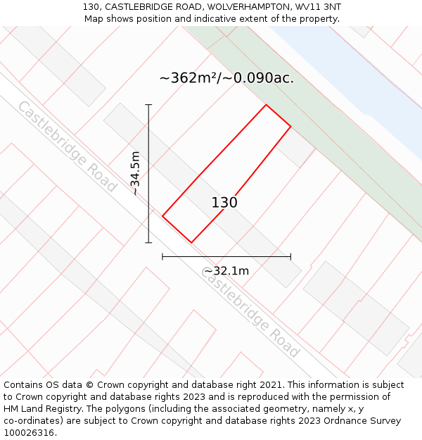 130, CASTLEBRIDGE ROAD, WOLVERHAMPTON, WV11 3NT: Plot and title map