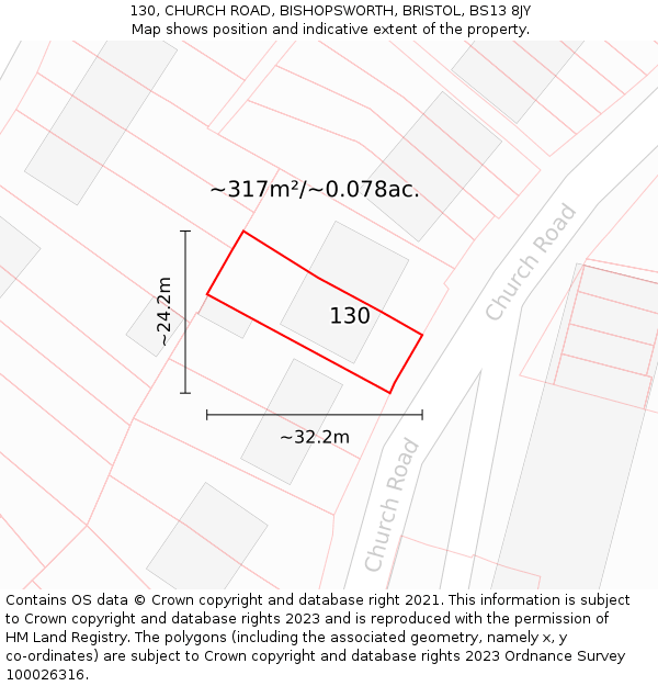 130, CHURCH ROAD, BISHOPSWORTH, BRISTOL, BS13 8JY: Plot and title map