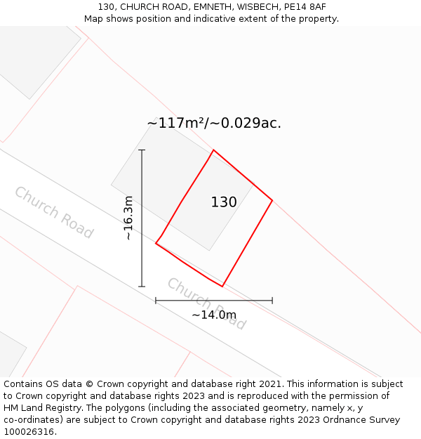 130, CHURCH ROAD, EMNETH, WISBECH, PE14 8AF: Plot and title map