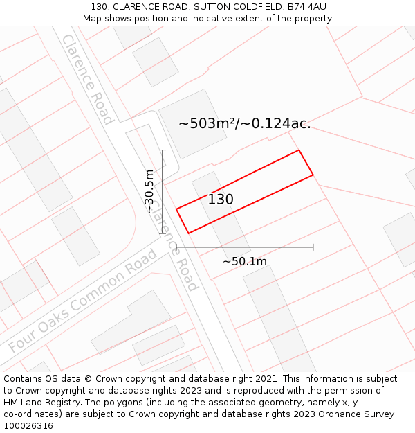 130, CLARENCE ROAD, SUTTON COLDFIELD, B74 4AU: Plot and title map