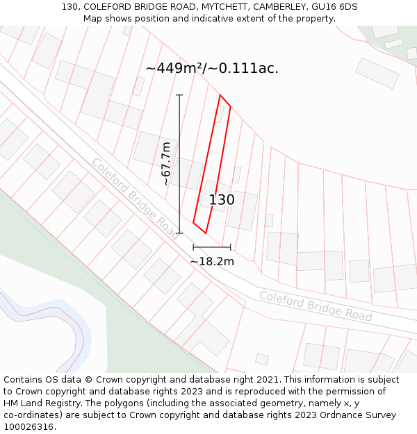 130, COLEFORD BRIDGE ROAD, MYTCHETT, CAMBERLEY, GU16 6DS: Plot and title map