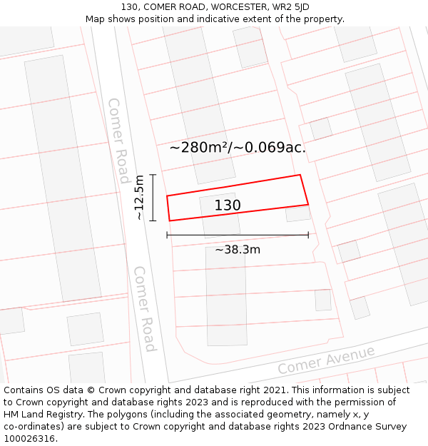 130, COMER ROAD, WORCESTER, WR2 5JD: Plot and title map