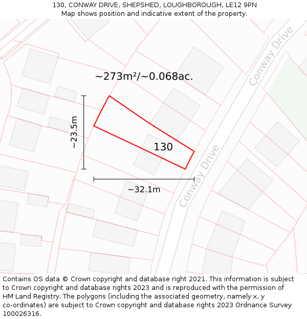 130, CONWAY DRIVE, SHEPSHED, LOUGHBOROUGH, LE12 9PN: Plot and title map