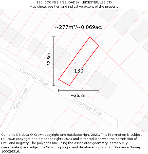 130, COOMBE RISE, OADBY, LEICESTER, LE2 5TX: Plot and title map