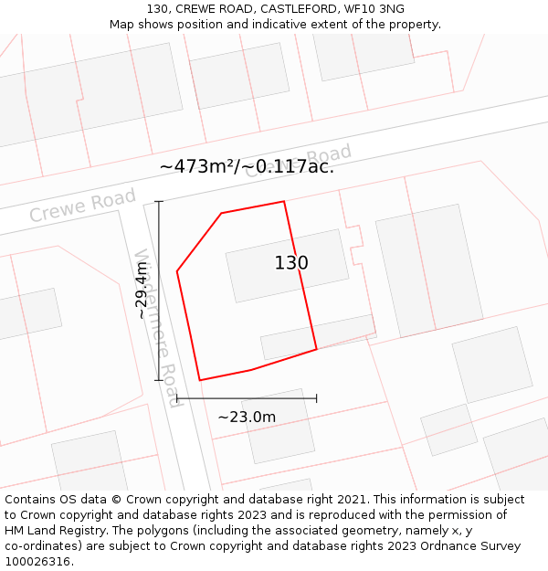 130, CREWE ROAD, CASTLEFORD, WF10 3NG: Plot and title map